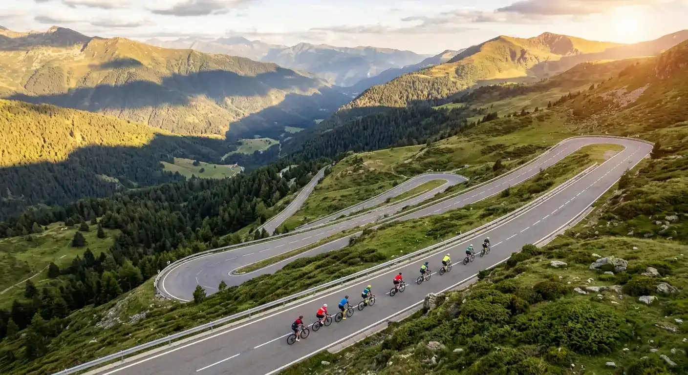 Vista aerea de una carretera de montana con curvas donde compite un peloton ciclista