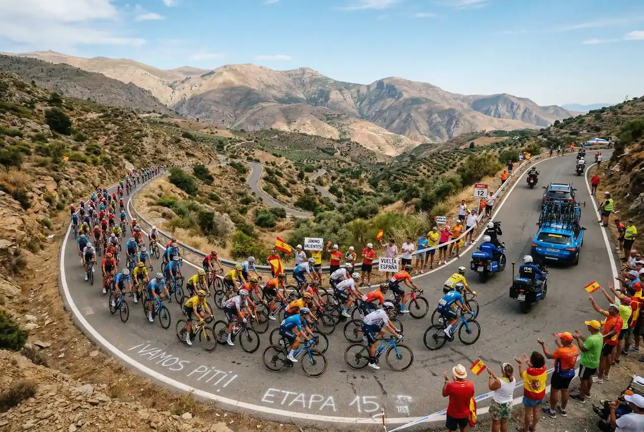 Pelotón ciclista ascendiendo un puerto de montaña durante una etapa de la Vuelta a España