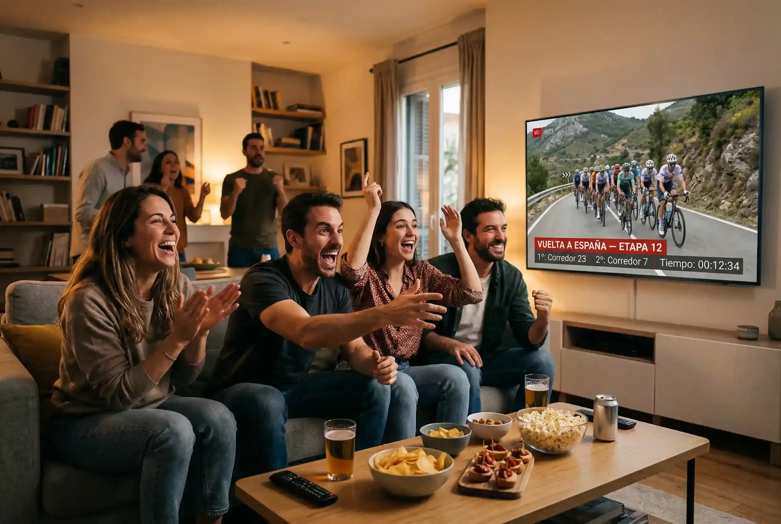 Familia viendo una etapa de ciclismo en directo por televisión en su salón
