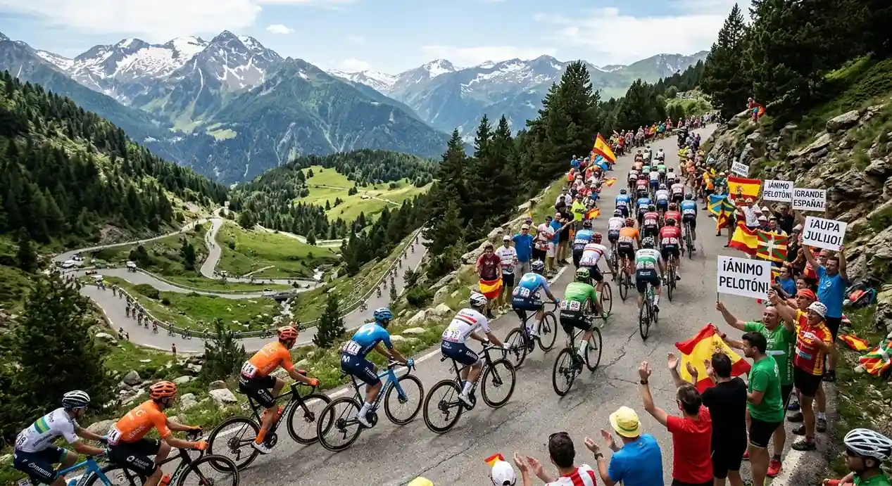 Peloton ciclista ascendiendo un puerto de montana durante una gran vuelta