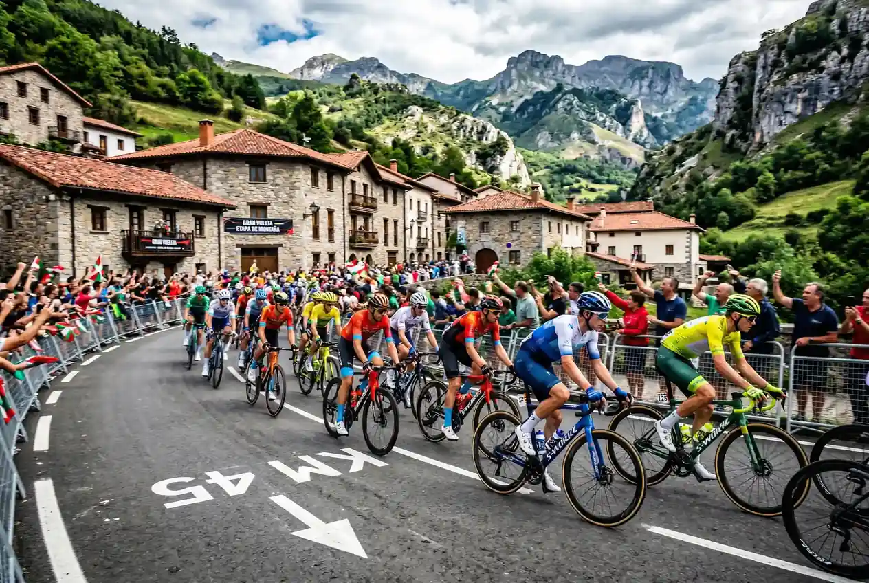 Ciclistas profesionales compitiendo en una etapa de alta montana con publico en la carretera